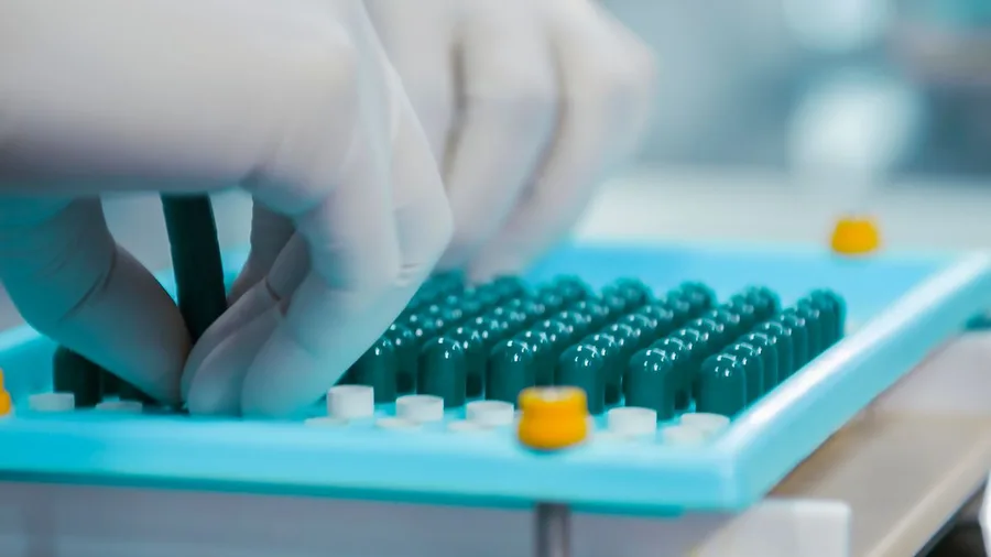 Gloved hands preparing capsules on a contract manufacturing production tray