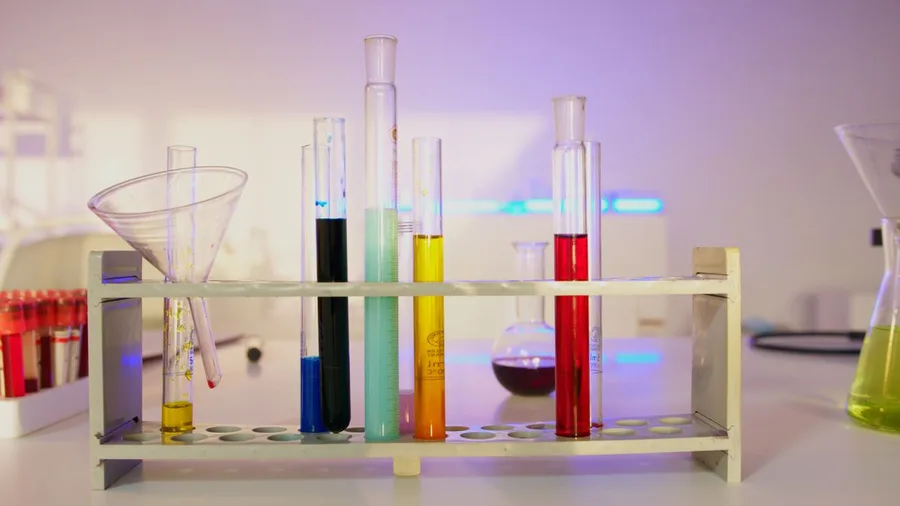 Test tubes and glassware filled with colourful samples in an analytical laboratory